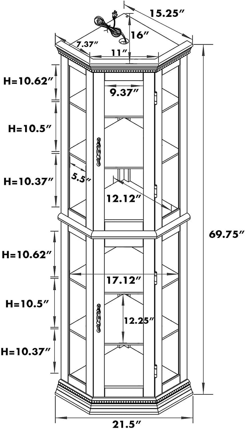 Corner Curio Cabinet With Lights, Adjustable Tempered Glass Shelves, Mirrored Back, Display Cabinet (E26 Light Bulb Not Included)