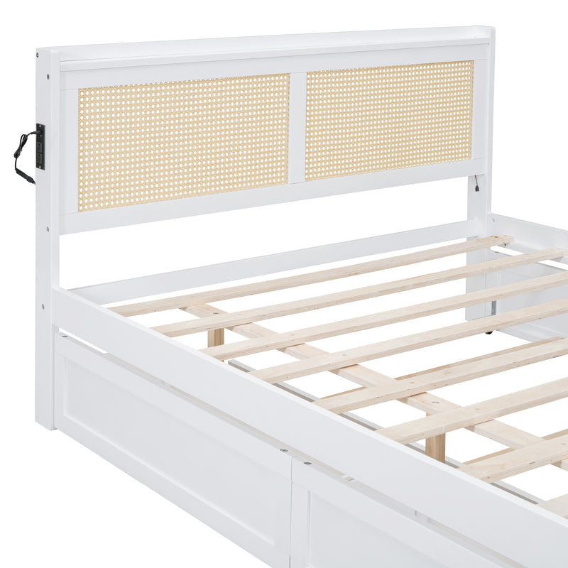 Queen Size Elegant Bed Frame with Rattan Headboard and Sockets ,White