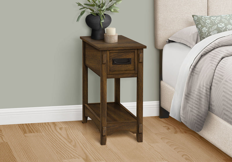 Accent End Table, 2 Tier, Narrow, Storage Drawer, Transitional - Walnut