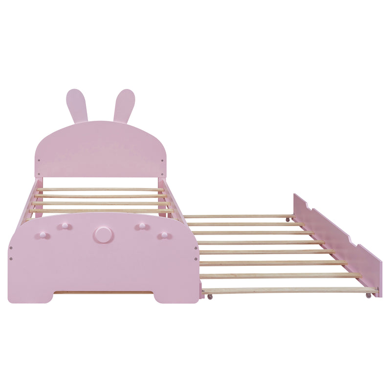 Wood Twin Size Platform Bed with Cartoon Ears Shaped Headboard and Trundle, Pink