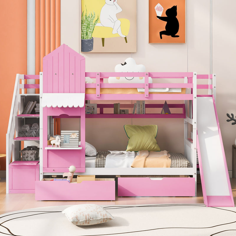 Twin-Over-Twin Castle Style Bunk Bed with 2 Drawers 3 Shelves and Slide - Pink