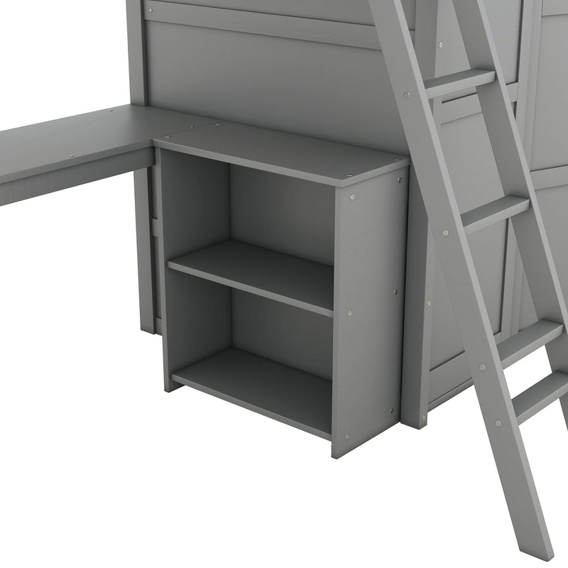 Twin Size Loft Bed With Desk, Shelves And Wardrobe - Gray