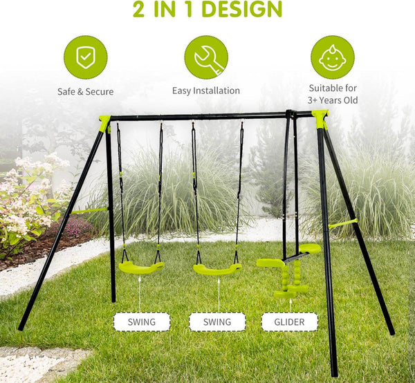 Xns008 Interesting Triple Children Metal Safe Swing Set 440Lbs For Outdoor Playground Three Seat Swing For Age 3+ - Green / Black