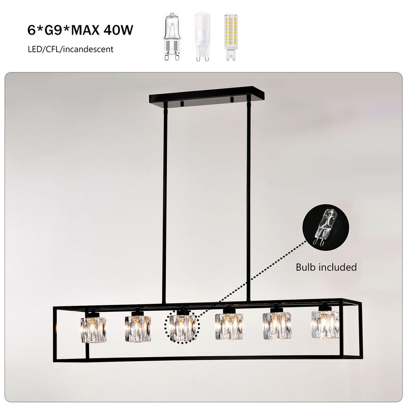 6 Light Farmhouse Chandelier, Modern Industrial Linear Rectangular Crystal Pendant Light Cage Chandelier For Dining Room, Kitchen Island, Bar, Long Table, G9*6 Bulbs Included - Matte Black