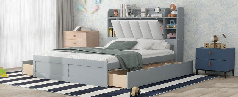 Wood Queen Size Platform Bed with Storage Headboard, Shelves and 4 Drawers, Gray