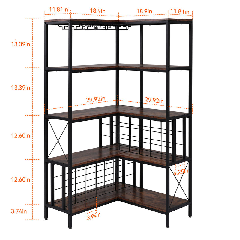 Corner Wine Rack Bar Cabinet Industrial Freestanding Floor Bar Cabinets For Liquor And Glasses Storage For Home Kitchen - Walnut / Black