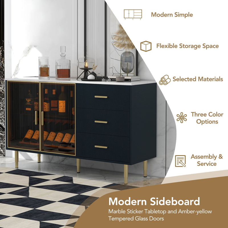 Modern Sideboard Buffet Cabinet Marble Sticker Tabletop And Amber-Yellow Tempered Glass Doors With Gold Metal Legs & Handles