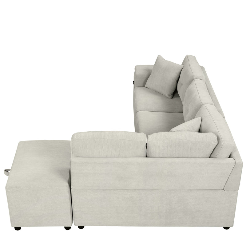 Sectional Sofa L-Shaped Sofa Couch Pull-Out Sofa Bed With A Movable Ottoman, Two USB Ports And Two Cup Holders For Living Room