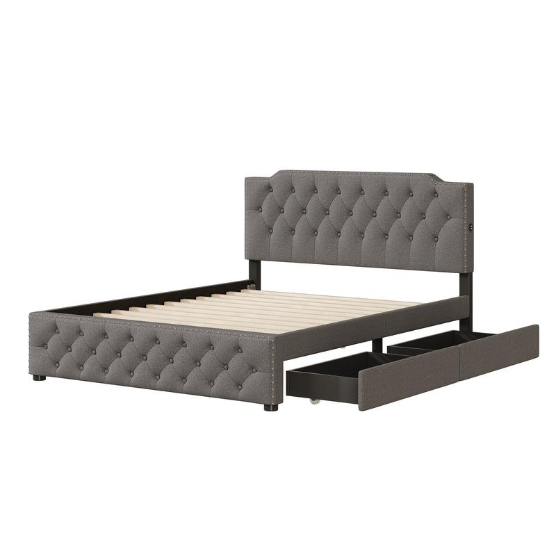 Queen Size Upholstered Platform Bed with 2 Drawers and 2 sets of USB Ports on each side, Linen Fabric, Gray