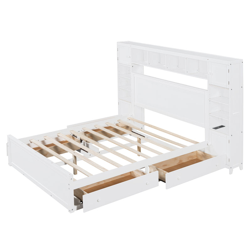 Queen Size Wooden Bed With All-in-One Cabinet, Shelf and Sockets, White