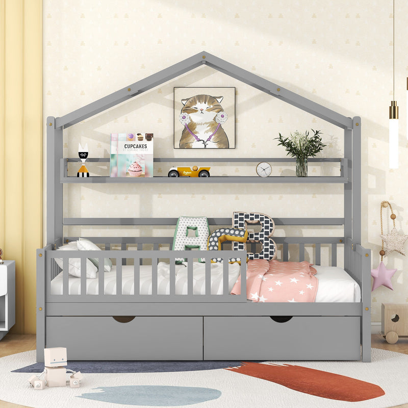 Wooden Twin Size House Bed with 2 Drawers,Kids Bed with Storage Shelf, Gray