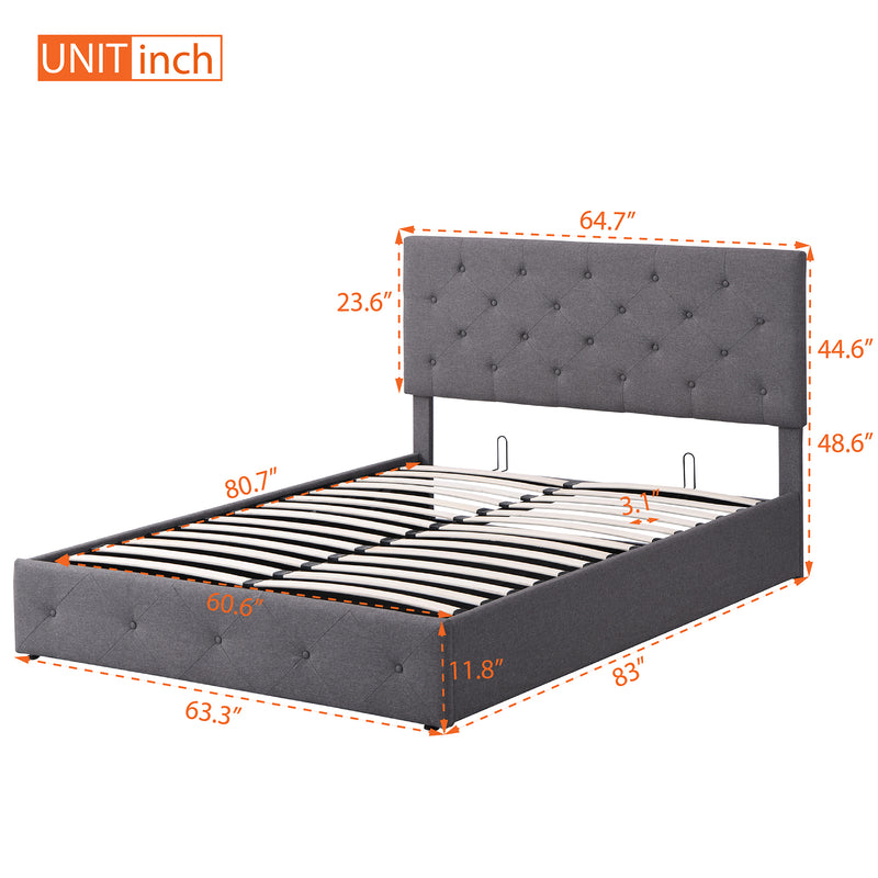 Queen size Upholstered Platform bed with a Hydraulic Storage System - Gray