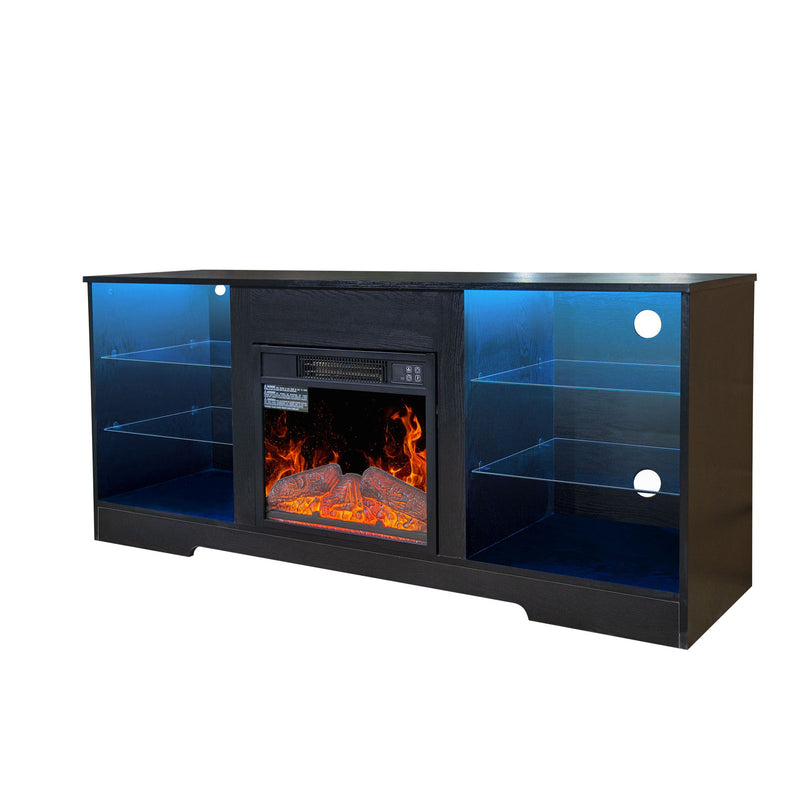 57.8" Fireplace TV Stand With 18" Electric Fireplace Heater, Modern Entertainment Center For TVs Up To 62" With Adjustable Glass Shelves And Storage Cabinets