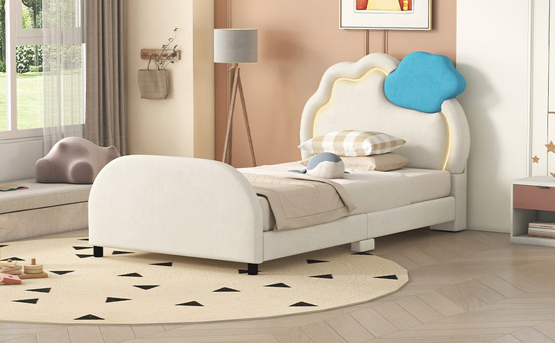 Twin Size Upholstered Platform Bed with Cloud-Shaped Headboard and Embedded Light Stripe, Velvet, Beige