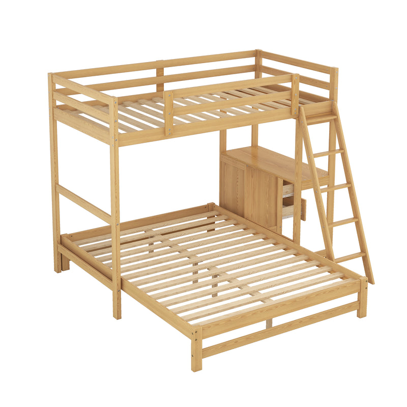 Twin over Full Bunk Bed with Built-in Desk and Three Drawers, Natural