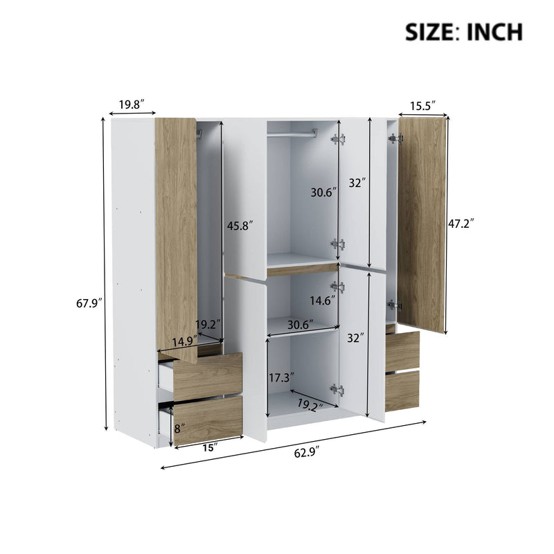 6 Doors Wardrobe Storage For Bedroom, With 4 Drawers - White / Nature