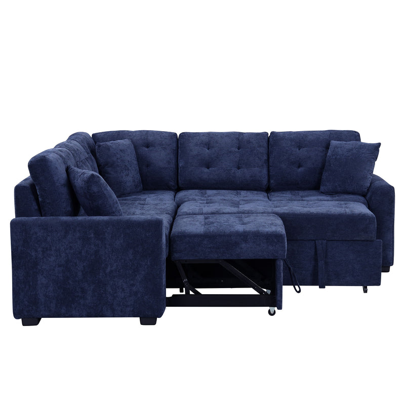 L-Shape Sofa Bed Pull-Out Sleeper Sofa With Wheels, USB Ports, Power Sockets For Living Room