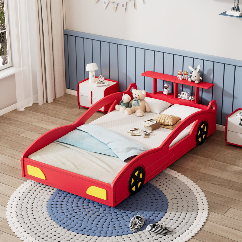 Wooden Race Car Bed, Car Shaped Platform Twin Bed With Wheels For Teens