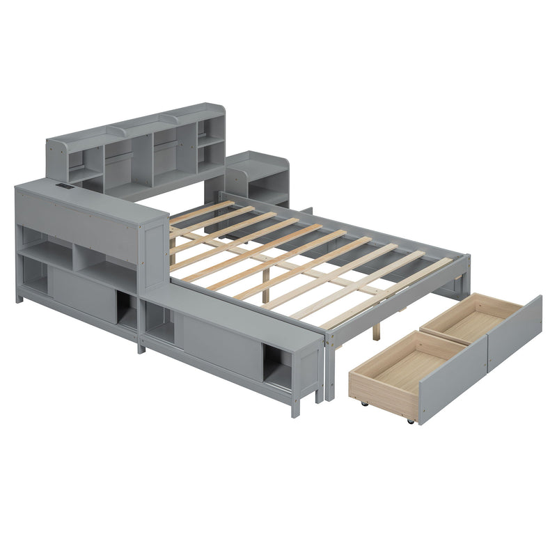 Platform Bed With Multi Functional Storage Space, Nightstand, 2 Drawers, USB Ports And Desk