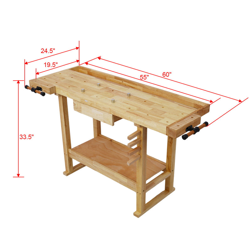 55" Wood Workbench For Garage Workshop And Home - Natural