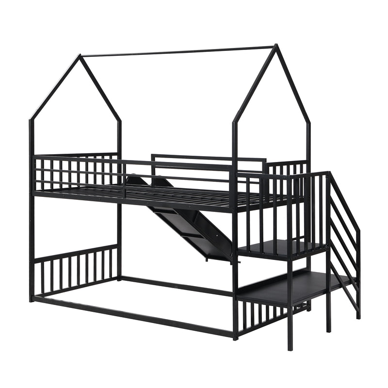 Twin Over Twin Metal Bunk Bed House Bed With Slide And Staircase