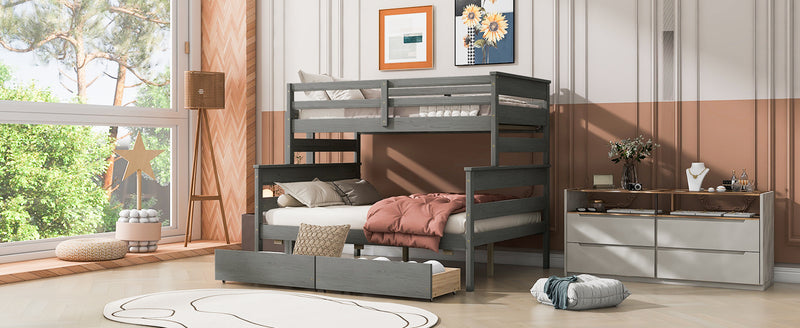 Wood Twin over Full Bunk Bed with 2 Drawers, Gray