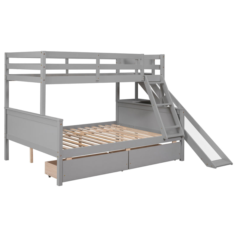 Twin over Full Bunk Bed with 2 Drawers,Slide,Shelves Grey