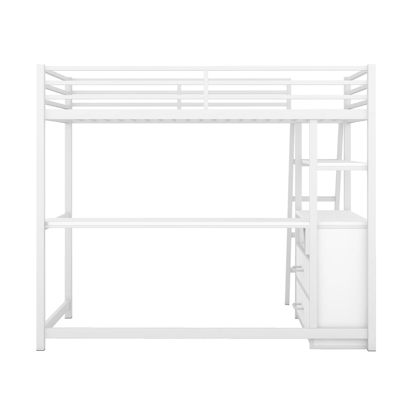 Twin Size Metal&Wood Loft Bed with Desk and Shelves, Two Built-in Drawers, White