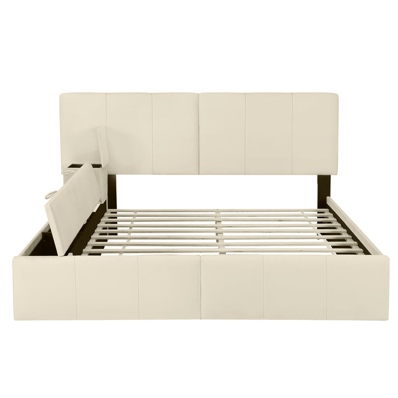 Queen Size Upholstered Platform Bed with Lateral Storage Compartments and Thick Fabric, Velvet, Beige