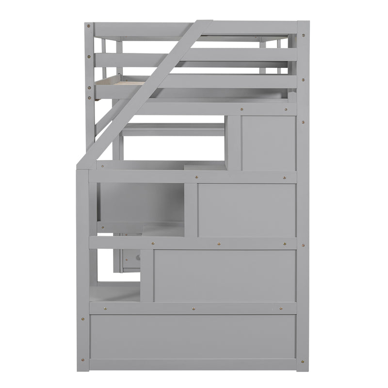 Twin Size Loft Bed with Desk and Shelves, Two Built-in Drawers, Storage Staircase, Gray