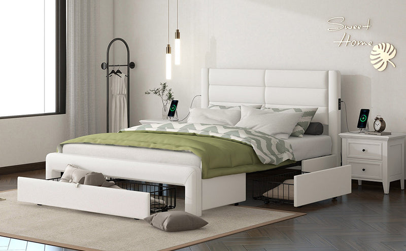 Queen Size Bed Frame with Drawers Storage, Leather Upholstered Platform Bed with Charging Station, White (Expect arrive date Jan. 12th. 2024)