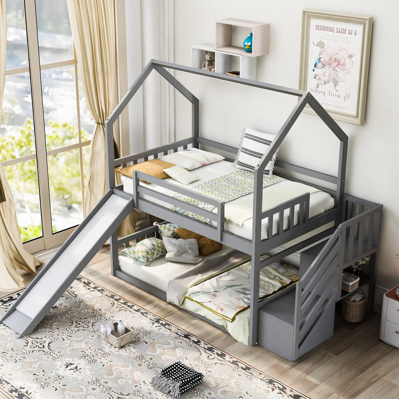 Twin over Twin House Bunk Bed with Convertible Slide,Storage Staircase can be Placed Left or Right,Gray