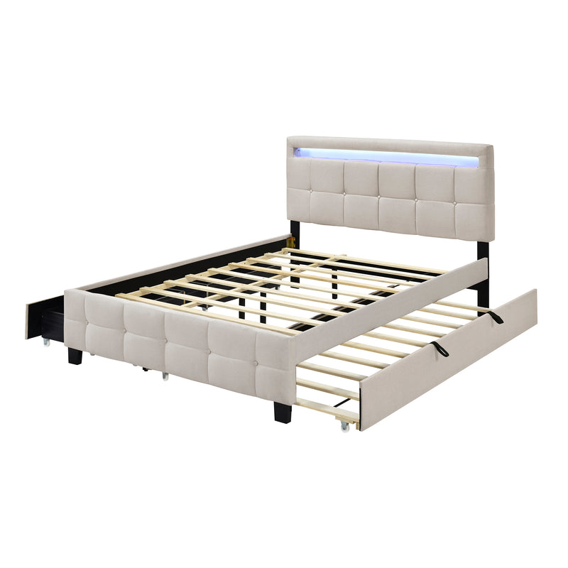 Queen Size Upholstered Platform Bed with LED Frame, with Twin XL Size Trundle and 2 drawers, Linen Fabric, Beige