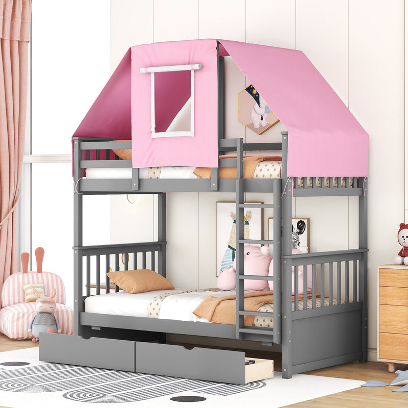 Twin Over Twin Bunk Bed Wood Bed with Tent and Drawers, Gray+Pink Tent