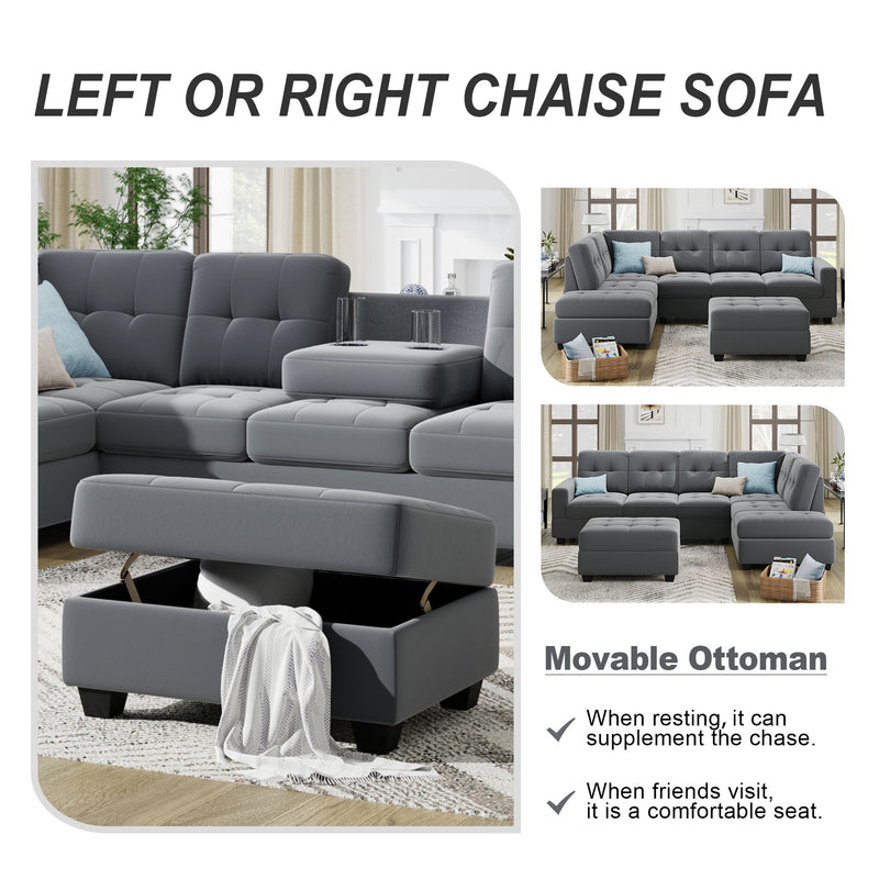 Sectional Sofa With Reversible Chaise Lounge, L-Shaped Couch With Storage Ottoman And Cup Holders