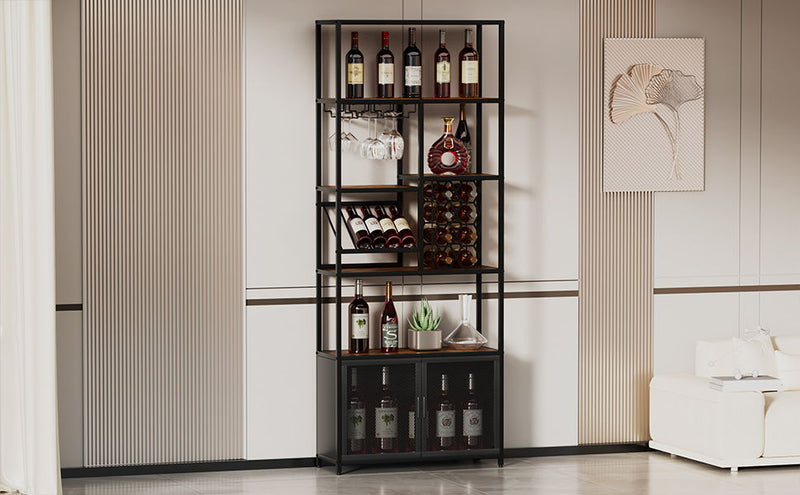 82.7" Industrial Standing Wine Rack With Glass Rack Tall Freestanding Floor Bar Cabinet - Walnut / Black