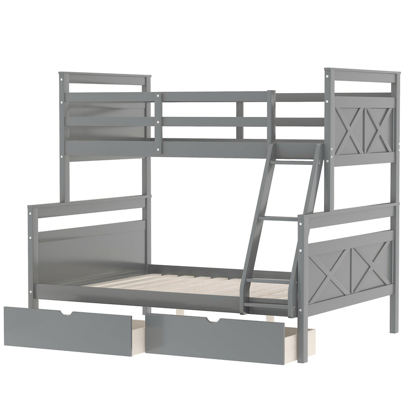 Twin over Full Bunk Bed with Ladder, Two Storage Drawers, Safety Guardrail, Gray