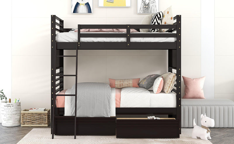 Twin over Twin Wood Bunk Bed with Two Drawers - Espresso