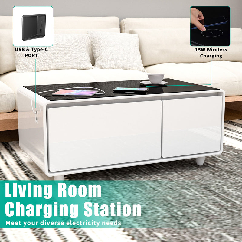 Modern Smart Coffee Table With Built-In Fridge - Bluetooth Speaker, Wireless Charging, Touch Control Panel, USB Interface, Outlet Protection, Atmosphere Light