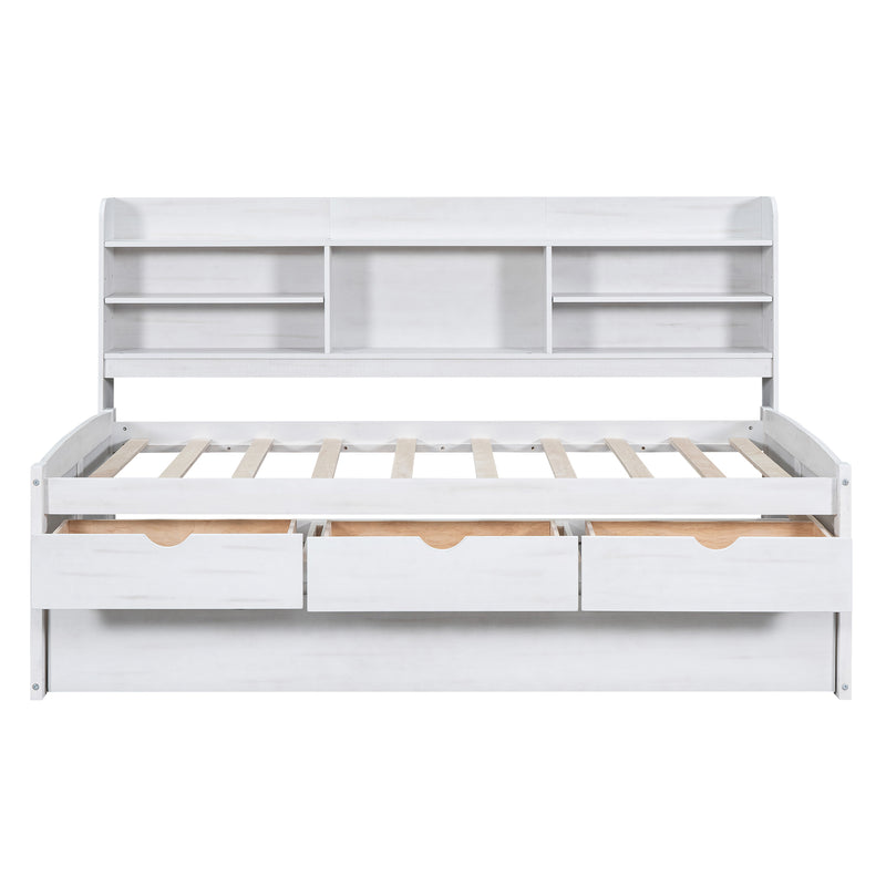 Twin Size Wooden Captain Bed with Built-in Bookshelves,Three Storage Drawers and Trundle, White Wash