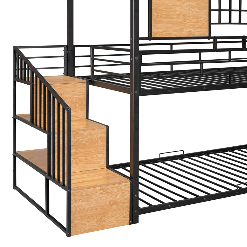 Twin Over Twin Metal Bunk Bed, Metal Housebed with Slide and Storage Stair, Black with Black Slide