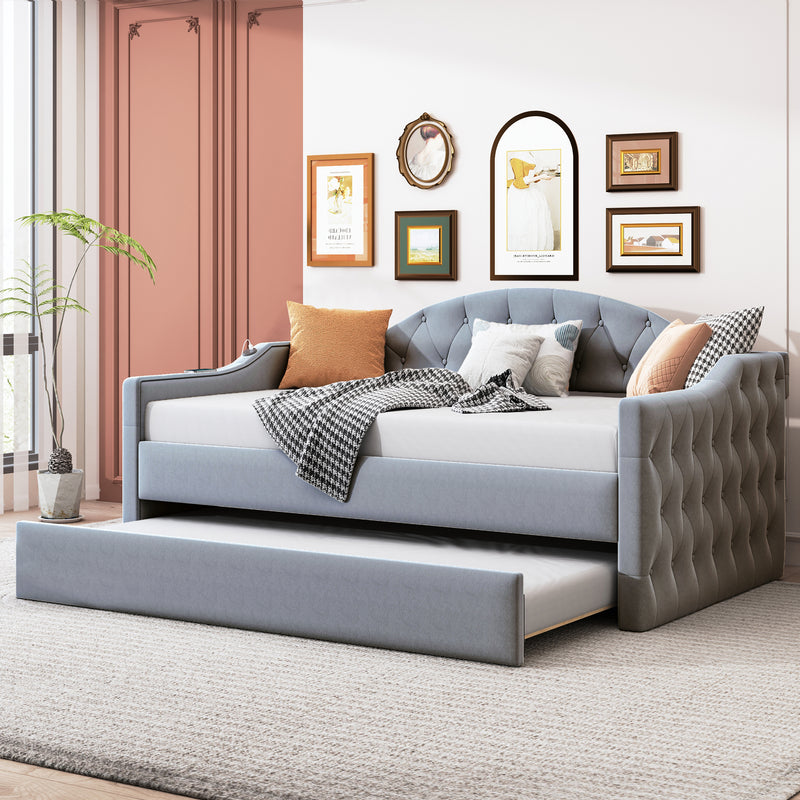 Twin Size Tufted Upholstered Daybed with Trundle ,Velvet Sofabed with USB&Type-C Charging Ports,No Box-spring Needed, Gray