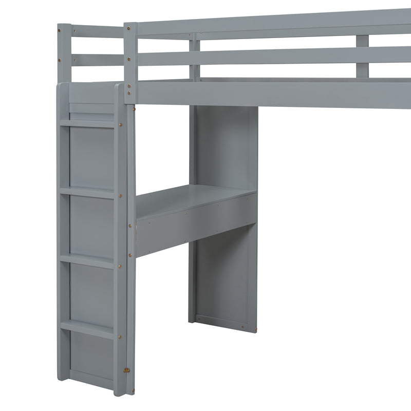 Twin Size Loft Bed with large shelves, writing desk and LED Light, Gray