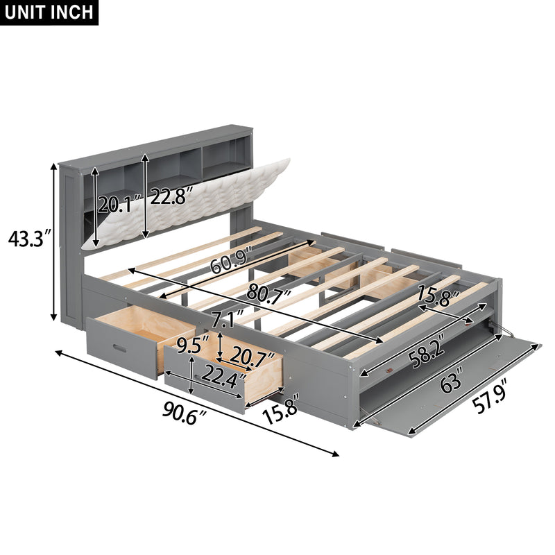 Wood Queen Size Platform Bed with Storage Headboard, shoe rack and 4 drawers,Gray