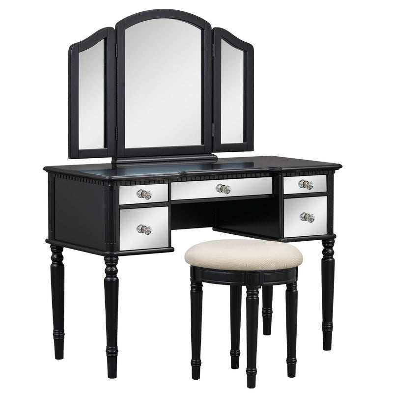 Dressing Table Set With Mirrored Drawers And Stool, Tri-Fold Mirror, Makeup Vanity Set For Bedroom