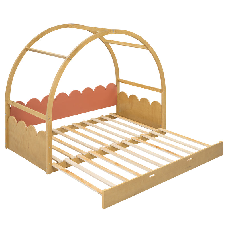 Twin size stretchable vaulted roof bed, children's bed pine wood frame, natural and orange