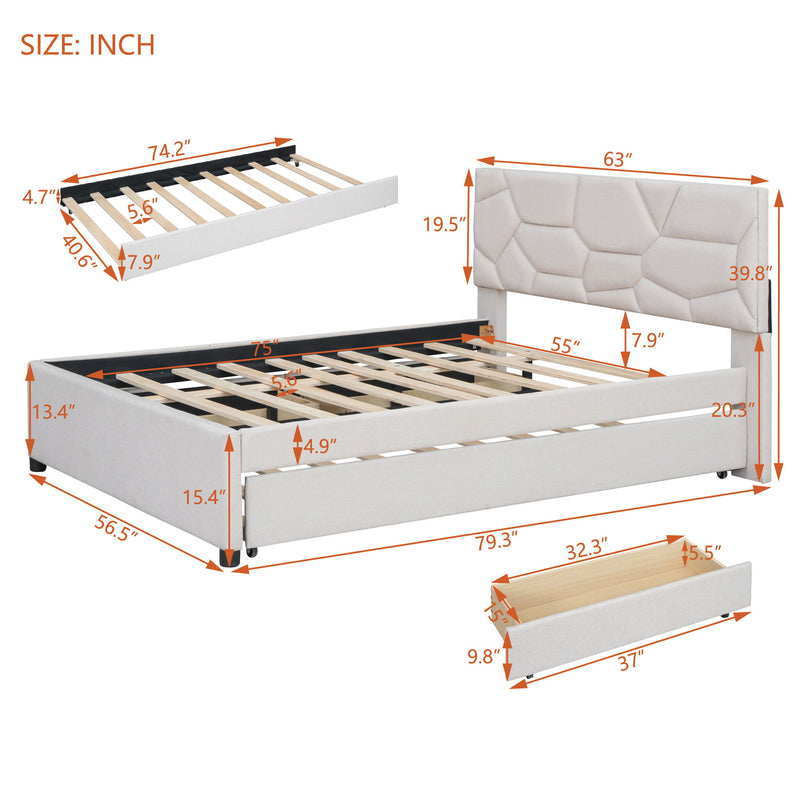 Full Size Upholstered Platform Bed With Brick Pattern Headboard, With Twin Size Trundle And 2 Drawers, Linen