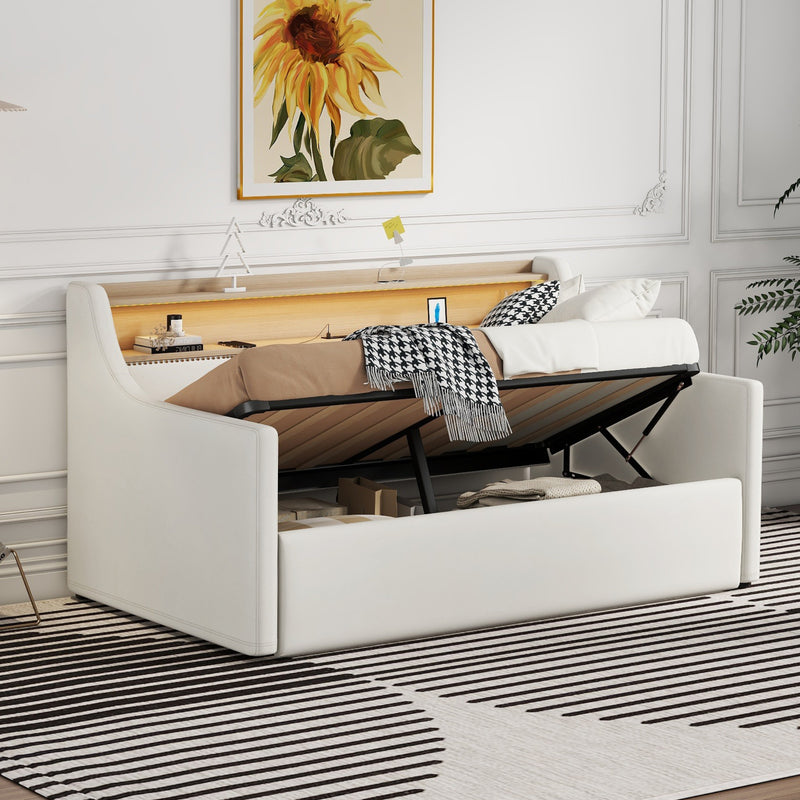 Twin Size Daybed with Hydraulic Storage, Upholstered Daybed with Lift Up Storage, Twin Leather Daybed with Charging Station and LED Lights,White(Expect arrival date Feb.13rd)