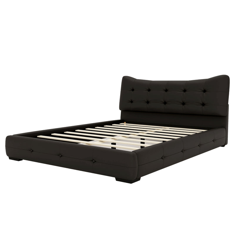 Queen Bed Modern PU Upholstered With Ergonomic Wingback Headboard, No Box Spring Needed - Black