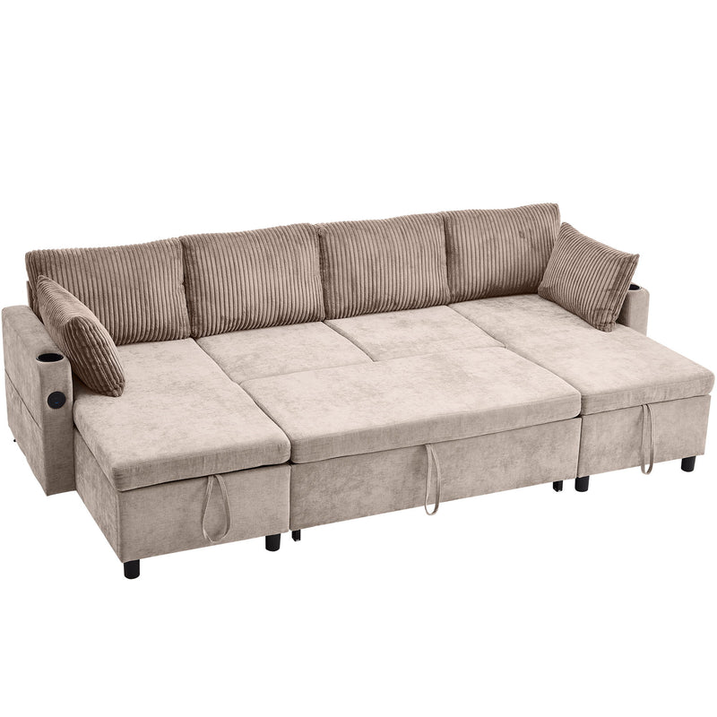 Sectional Sofa Pull Out Sofa Bed Versatile Sofa Sleeper With Large Storage Space, Two USB Ports And Two Cup Holders For Living Room